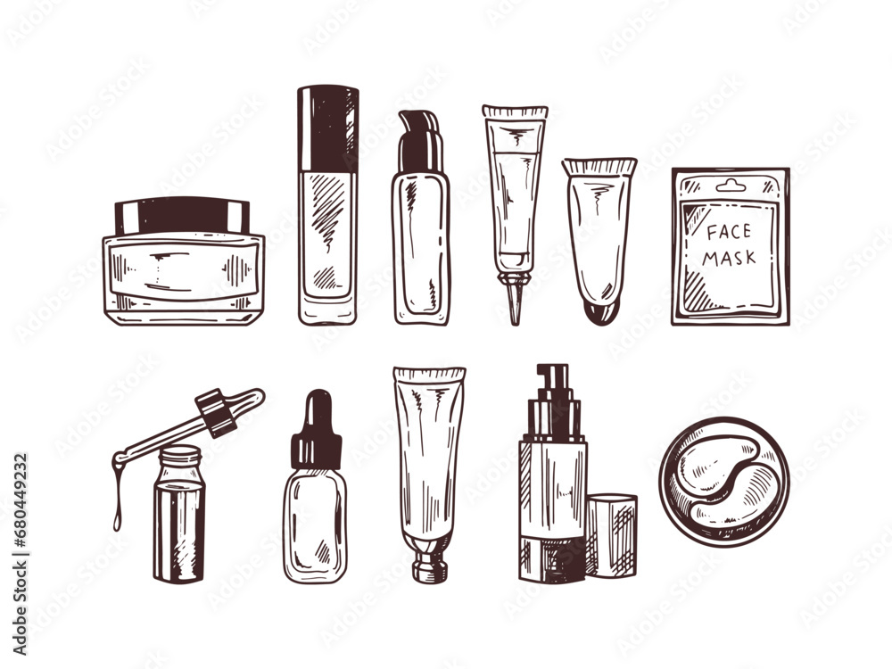 A set of hand-drawn doodle sketches of cosmetics, beauty, self-care elements. Illustration for beauty salon, cosmetic store, makeup design. Engraved image. A set of hand-drawn doodle sketches of cosmetics, beauty, self-care elements. Illustration for beauty salon, cosmetic store, makeup design. Engraved image.