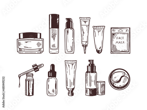 A set of hand-drawn doodle sketches of cosmetics, beauty, self-care elements. Illustration for beauty salon, cosmetic store, makeup design. Engraved image.