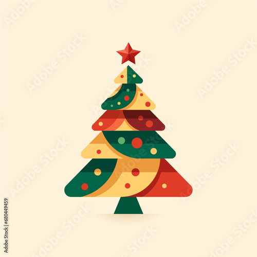 Colorful Christmas tree with a star on top. The tree is decorated with many ornaments and balls