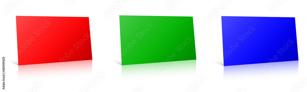 Three Business Cards template red, green and blue (RGB) for presentation layouts and design. 3D rendering. Three Business Cards template red, green and blue (RGB) for presentation layouts and design. 3D rendering.