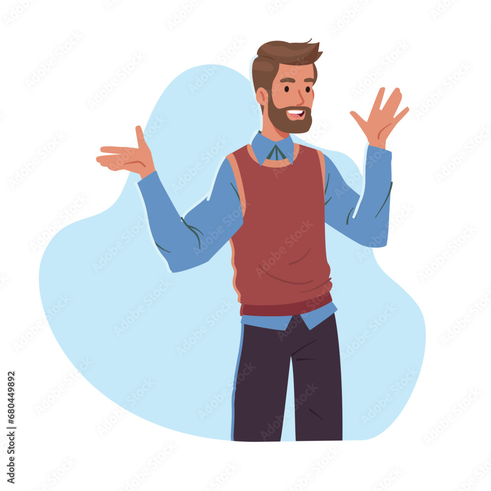 Cheerful young man with positive facial expression raising hands happily. Smiling adult guy person cartoon character wearing casual clothes standing with open arms gest. Happiness vector illustration