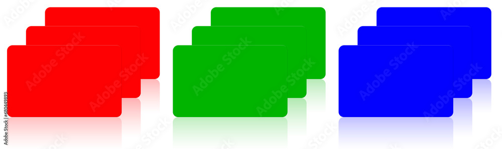 Three credit card blank template red, green and blue (RGB) for presentation layouts and design. Three credit card blank template red, green and blue (RGB) for presentation layouts and design.