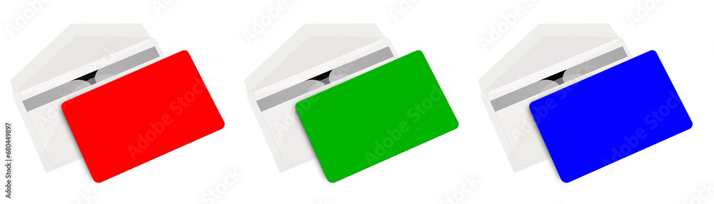 Three credit card blank template red, green and blue (RGB) for presentation layouts and design. Three credit card blank template red, green and blue (RGB) for presentation layouts and design.