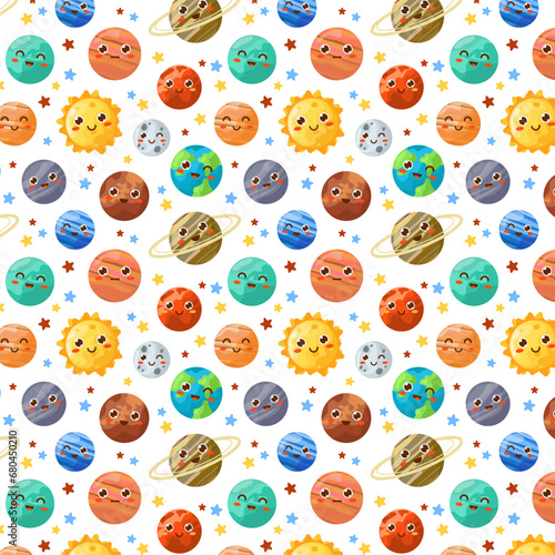 Cosmic seamless pattern with planets in the solar system. Cute Smiling planets in kawaii style Space vector background for Printing Children's T-shirt, children's room design, birthday party (ID: 680450210)