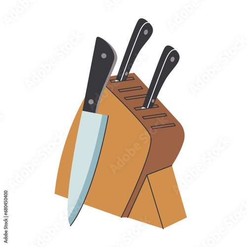 A set of knives and a knife stand. Kitchen items for cooking food. Vector illustration (ID: 680450400)