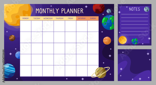 Vector planner template for a month with boards and a solar system. Planner with galaxy and outer space background. (ID: 680450644)