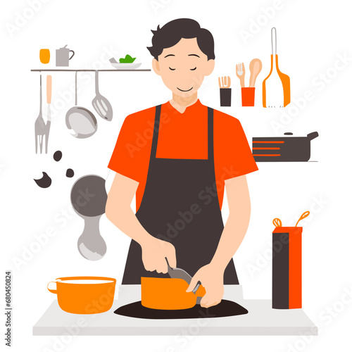 Smiling man cooking dessert at kitchen table isolated, vegetable soup in the kitchen making thumb up gesture