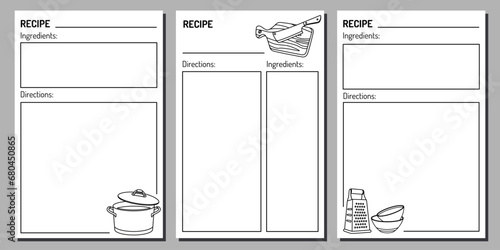 Vector notepad template with recipes. A minimalistic kitchen recipe book with illustrations (ID: 680450865)