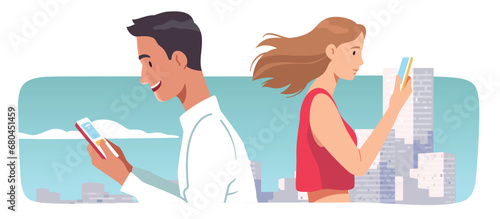 Woman, man using mobile cell phones in city. Young person characters holding smartphones surfing on Internet, communicating online. Technology, gadget addiction, communication flat vector illustration