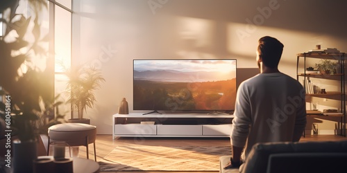 Wallpaper Mural Rear view of young man watching tv in living room at home - generative ai Torontodigital.ca
