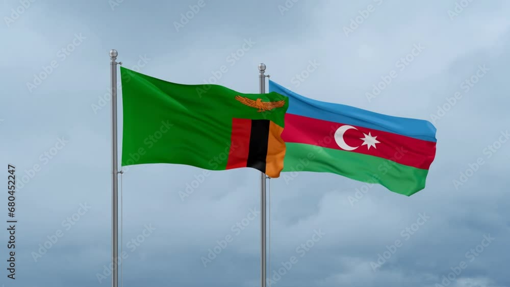 Azerbaijan and Zambia flag waving together on cloudy sky, endless seamless loop, two country cooperation concept Azerbaijan and Zambia flag waving together on cloudy sky, endless seamless loop, two country cooperation concept