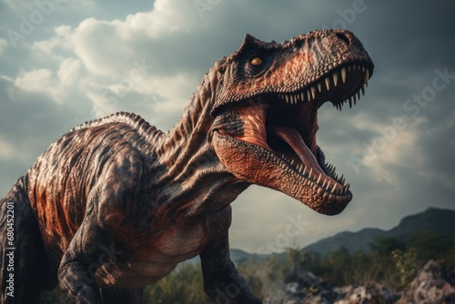 A detailed close-up shot of a dinosaur with its mouth wide open. This image can be used to depict prehistoric creatures, natural history, ancient wildlife, or in educational materials about dinosaurs. © Vii