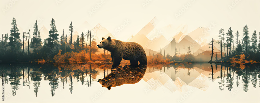 Wild brown bear design for t shirt printing. on white background. wide banner - obrazy, fototapety, plakaty 