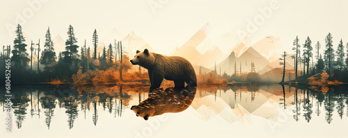 Wild brown bear design for t shirt printing. on white background. wide banner photo