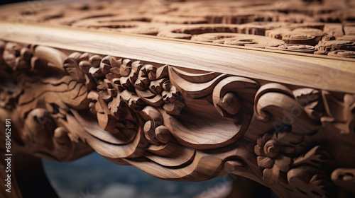 Detailed macro image of a designer solid wood low table. Space for text © Irina B