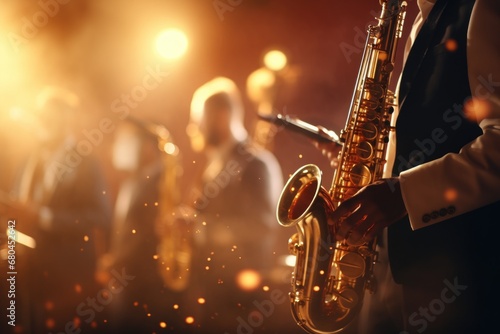 A man in a suit playing a saxophone. This image can be used to depict a musician, jazz music, live performances, or entertainment events