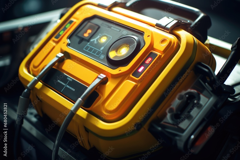 A detailed close-up view of a yellow and black device. This versatile image can be used in various contexts A detailed close-up view of a yellow and black device. This versatile image can be used in various contexts