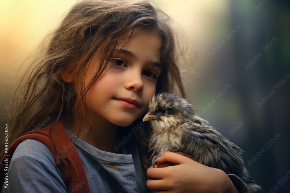 A heartwarming image of a little girl holding a bird in her arms. Perfect for illustrating love for nature and the beauty of innocence. A heartwarming image of a little girl holding a bird in her arms. Perfect for illustrating love for nature and the beauty of innocence.
