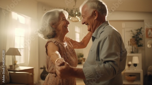 Old couple dance at home. Senior elderly happy people enjoy retirement. Mature love. Romantic relationship between aged husband and wife. Interior background. Cheerful active married pensioner relax.