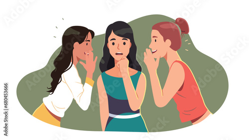 Young women friends whispering sharing secrets with surprised girl. Persons chatting, gossiping, discussing rumors together covering mouth. Friendship, communication privacy flat vector illustration