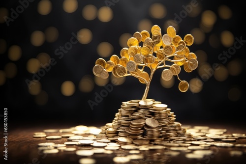 A Tree Growing Out Of A Pile Of Gold Coins photo