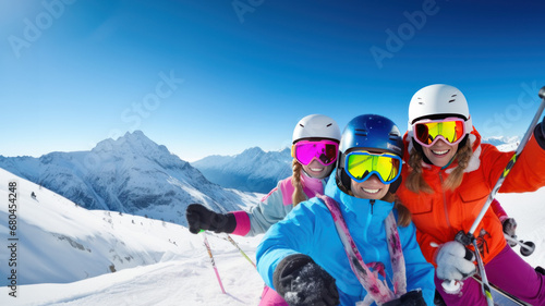 Happy people skiing created with Generative AI technology