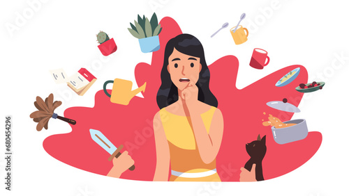 Woman stressed about multiple housework chores. Worried person think about housekeeping work, cooking, taking care of house plants, cat pet. Domestic overwork stress concept flat vector illustration