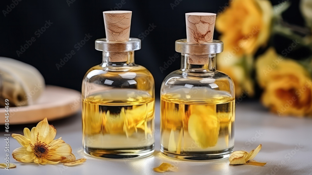 Serum in glass bottle on natural background. Aromatherapy oil, concept of natural cosmetic Serum in glass bottle on natural background. Aromatherapy oil, concept of natural cosmetic