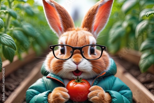 a cute bunny holds a tomato and happy