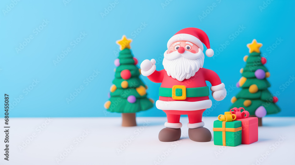Obraz premium Homemade plasticine Santa Claus stands in the snow next to gift boxes and waves his hand in greeting, against blurred background with plasticine Christmas trees. New Year banner, 16:9