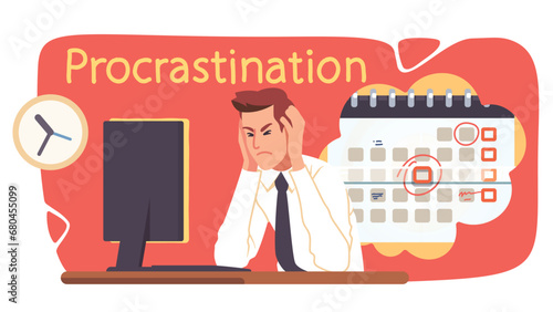 Stressed business man procrastinating working late in office. Tired frustrated businessman worker person sitting at desk with computer. Procrastination, deadline crisis flat vector illustration