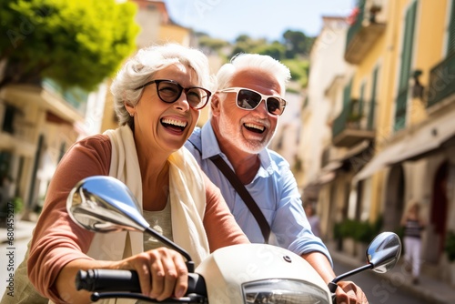Happy Retired Couple Enjoying Scooter Ride In Italy. Сoncept Romantic Sunset Picnic, Adventure Travel, Beautiful Beaches, Mountain Hiking, Fun Family Reunion