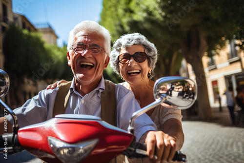 Happy Retired Couple Enjoying Scooter Ride In Italy
