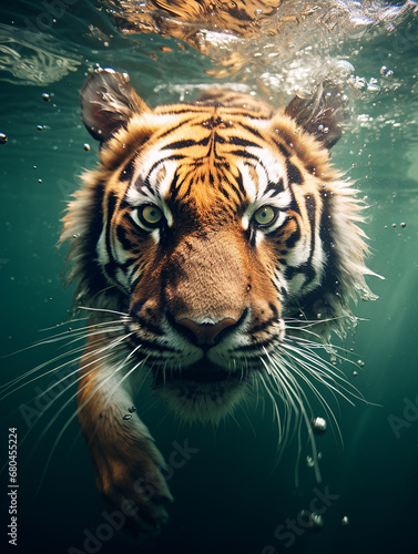 Tiger drowning underwater. Generative AI.