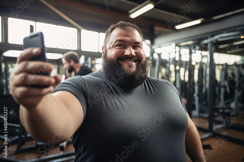 Happy Overweight Man Capturing Gym Selfie Before Workout