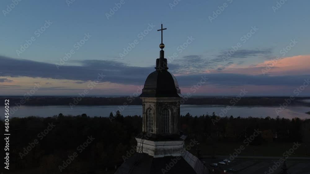 Orbit around the top dome of the Pazaislis (Pažaislis) monastery and church during sunrise located in Kaunas, Lithuania Orbit around the top dome of the Pazaislis (Pažaislis) monastery and church during sunrise located in Kaunas, Lithuania