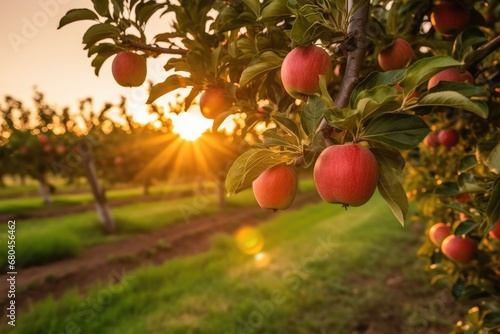 Organic Fruit Farm With Apple Trees In Golden Hour. Сoncept Hiking In The Mountains, Sunset Yoga On The Beach, Fashionable Street Style, Romantic Picnic In The Park, Adventure Travel Destinations