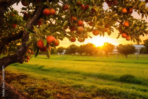 Organic Fruit Farm With Apple Trees In Golden Hour