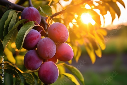 Ripe Plums On Branch In Garden At Sunset Plum Orchard. Сoncept Sunset Over The Ocean, Hiking In The Mountains, Tropical Paradise, City Skylines, Autumn Colors