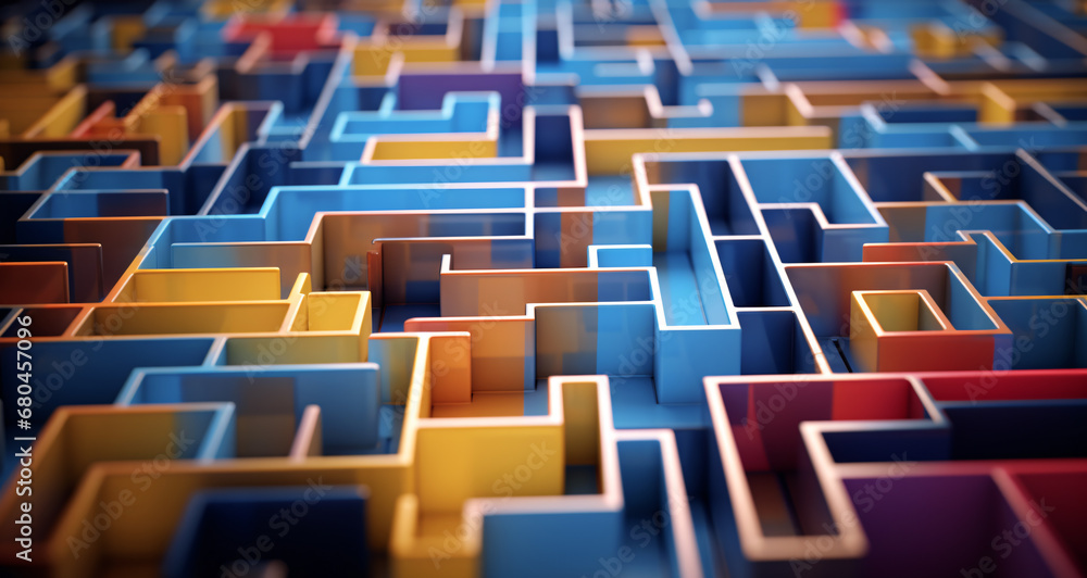 Obraz premium top-down overhead 3/4 downward view of a complicated cardboard maze in various colors and no clear path