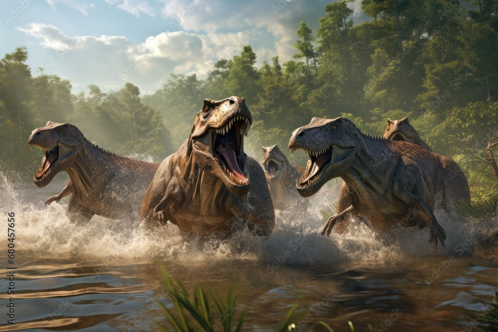 Naklejka premium Spinosaurus Carnotaurus And Trex Families Cooling Off In Swamp