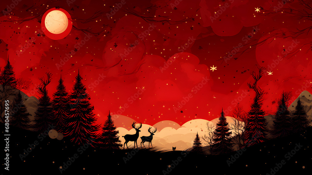 mystical red sky with a full moon, stars, and snowflakes. Silhouettes of pine trees and reindeer create a calm winter scene