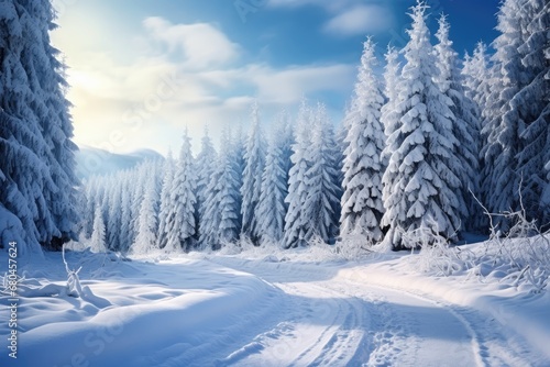 Snowy Background With Frosty Forest Landscape © Anastasiia