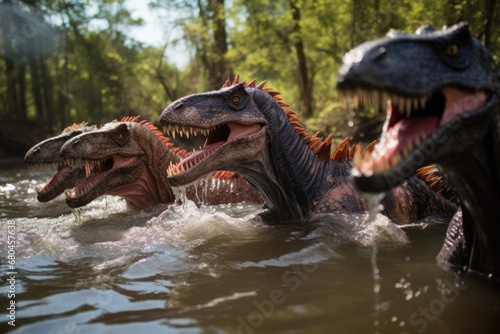 A Group Of Dinosaurs Swimming In A River