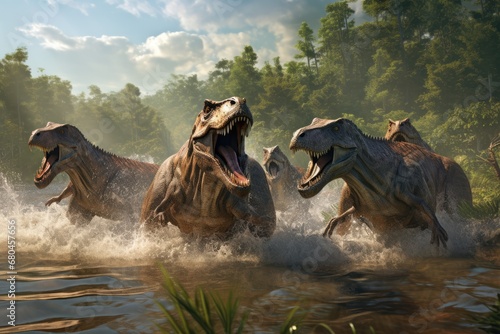 Spinosaurus Carnotaurus And Trex Families Cooling Off In Swamp © Anastasiia