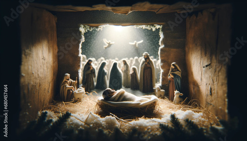 Nativity's Collective Glow of Reverence: Infant Jesus' Peaceful Slumber Amidst the Holy Gathering