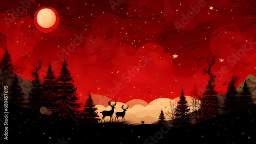 mystical red sky with a full moon, stars, and snowflakes. Silhouettes of pine trees and reindeer create a calm winter scene © weerasak