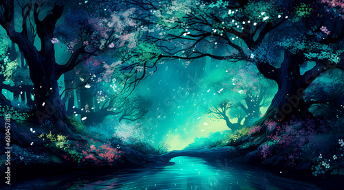 magical forest with glowing flowers, ancient trees, and a serene river. It's colorful with a peaceful, fairy-tale atmosphere
