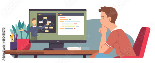 Student man studying online watching programming lecture on desktop computer. Person learning coding by video call webinar at home. Distance web development education concept flat vector illustration