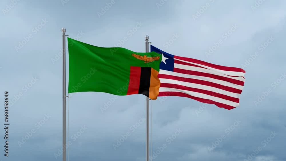 Liberia and Zambia flag waving together on cloudy sky, endless seamless loop, two country cooperation concept Liberia and Zambia flag waving together on cloudy sky, endless seamless loop, two country cooperation concept